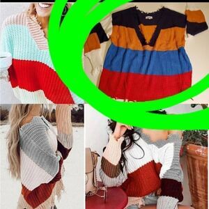 NEW M MILITARY HIPPIE OVERSIZED vneck FRAYED fringe trim striped SWEATER medium